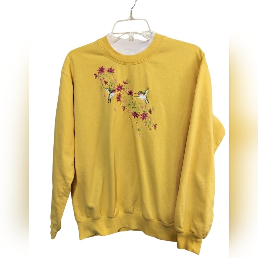 3030)Vtg Decorated Original Yellow Hummingbird Embroidery Pullover Sweatshirt L